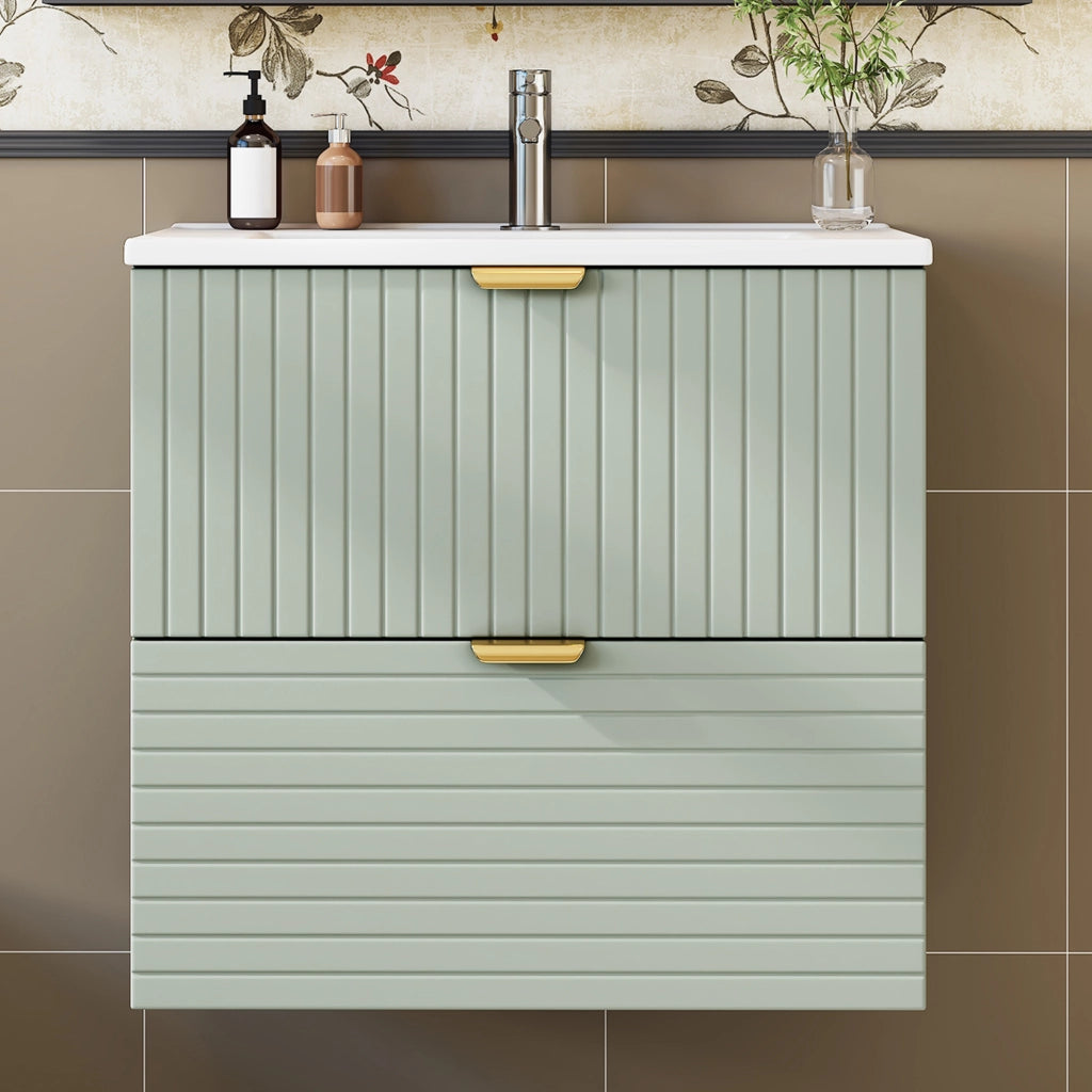 Mobiletto con lavabo sospeso in MDF laccato e ceramica; 2 cassetti ammortizzati verde menta 61 × 46 × 57 cm