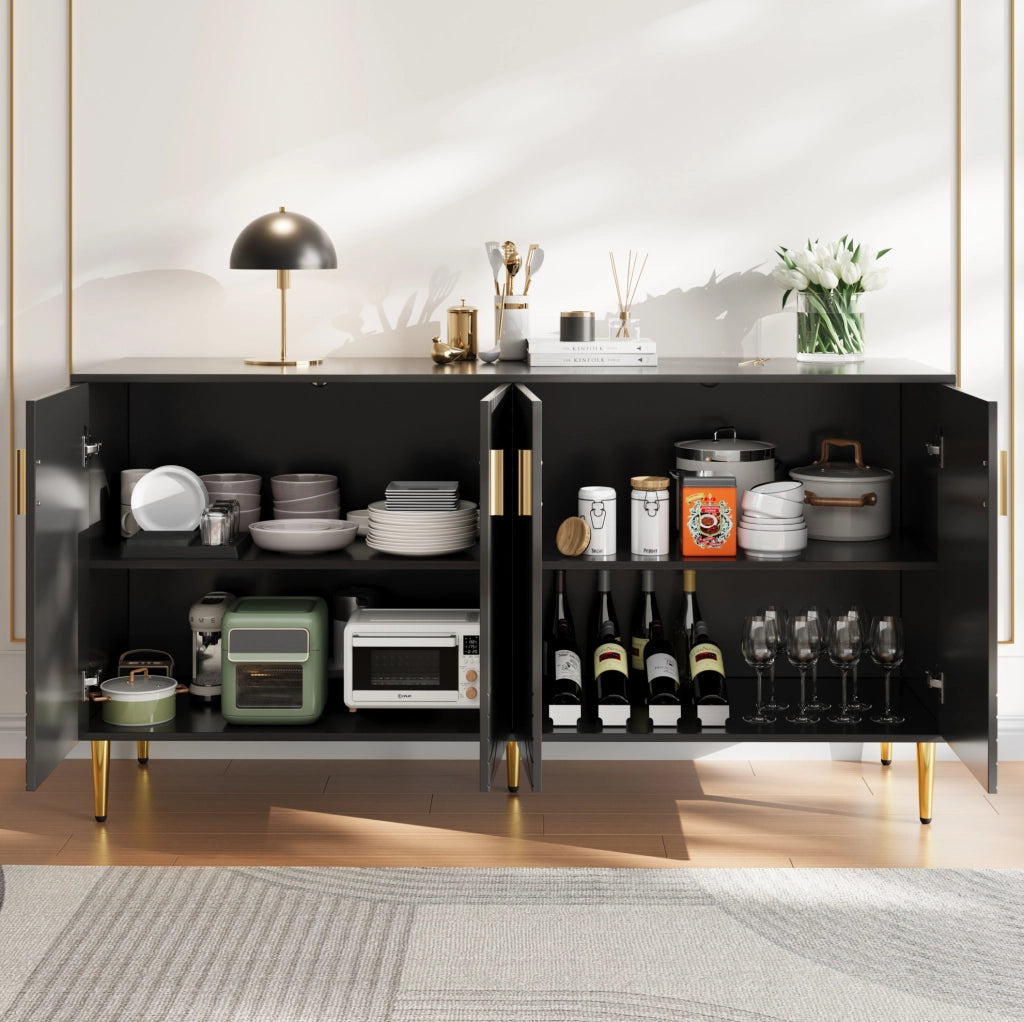 Sideboard nero in MDF 152x40x75 cm con design ondulato, maniglie e piedi dorati per zona pranzo elegante