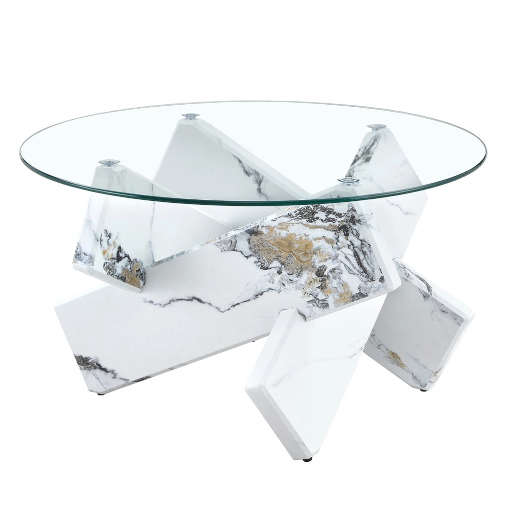Tavolino da caffè rotondo 79 cm in MDF e vetro; bianco e trasparente
