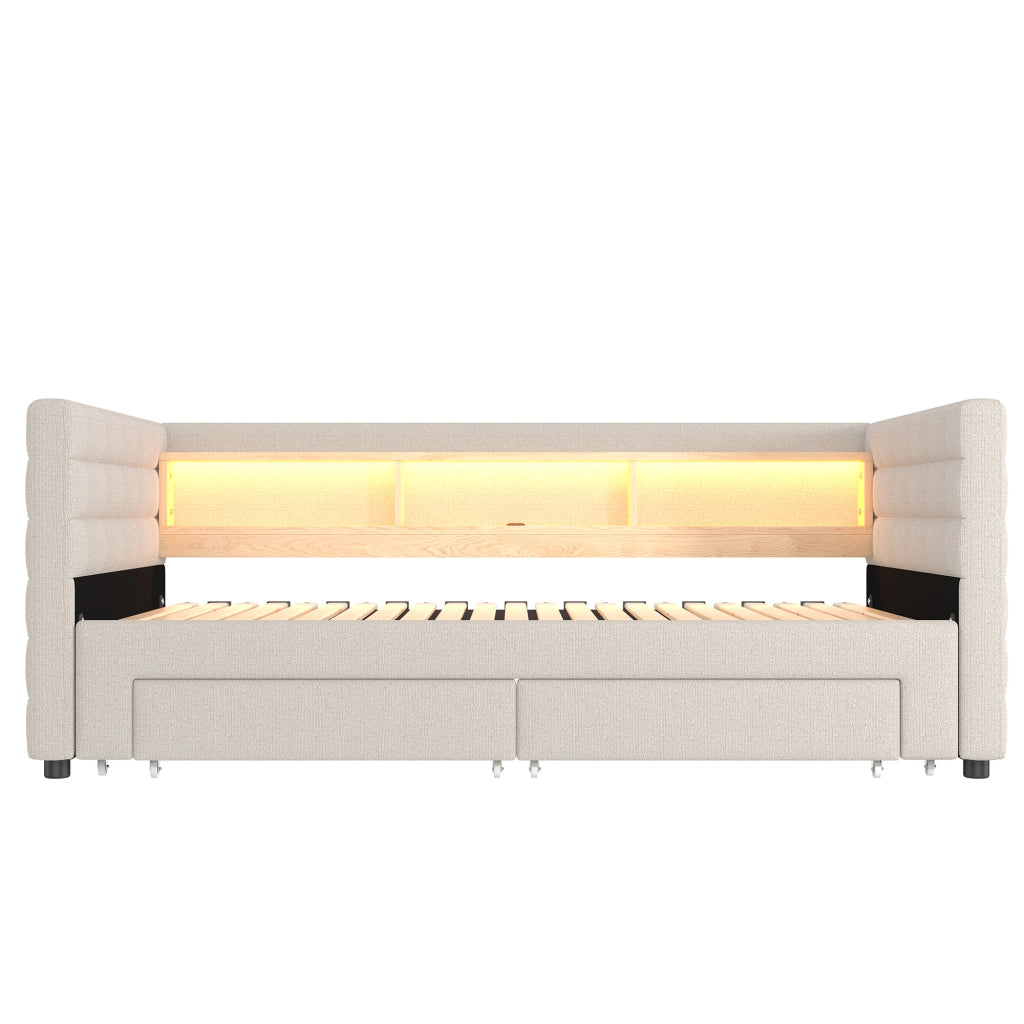 Divano letto estraibile 90x190 cm con LED, USB e USB-C in velluto beige