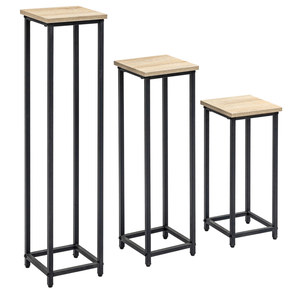 Set di 3 supporti per piante, sgabello e portavaso in acciaio, nero e naturale, per giardino e balcone.