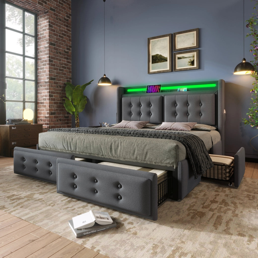 Letto con Cassetti 180 x 200 cm; Letto Matrimoniale - LED; USB e Type-C - Grigio