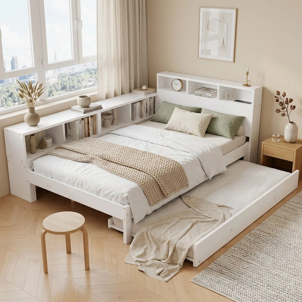 Letto multifunzione 120 x 200 cm con LED e contenitori, letto estensibile in legno bianco con testiera e struttura salvaspazio