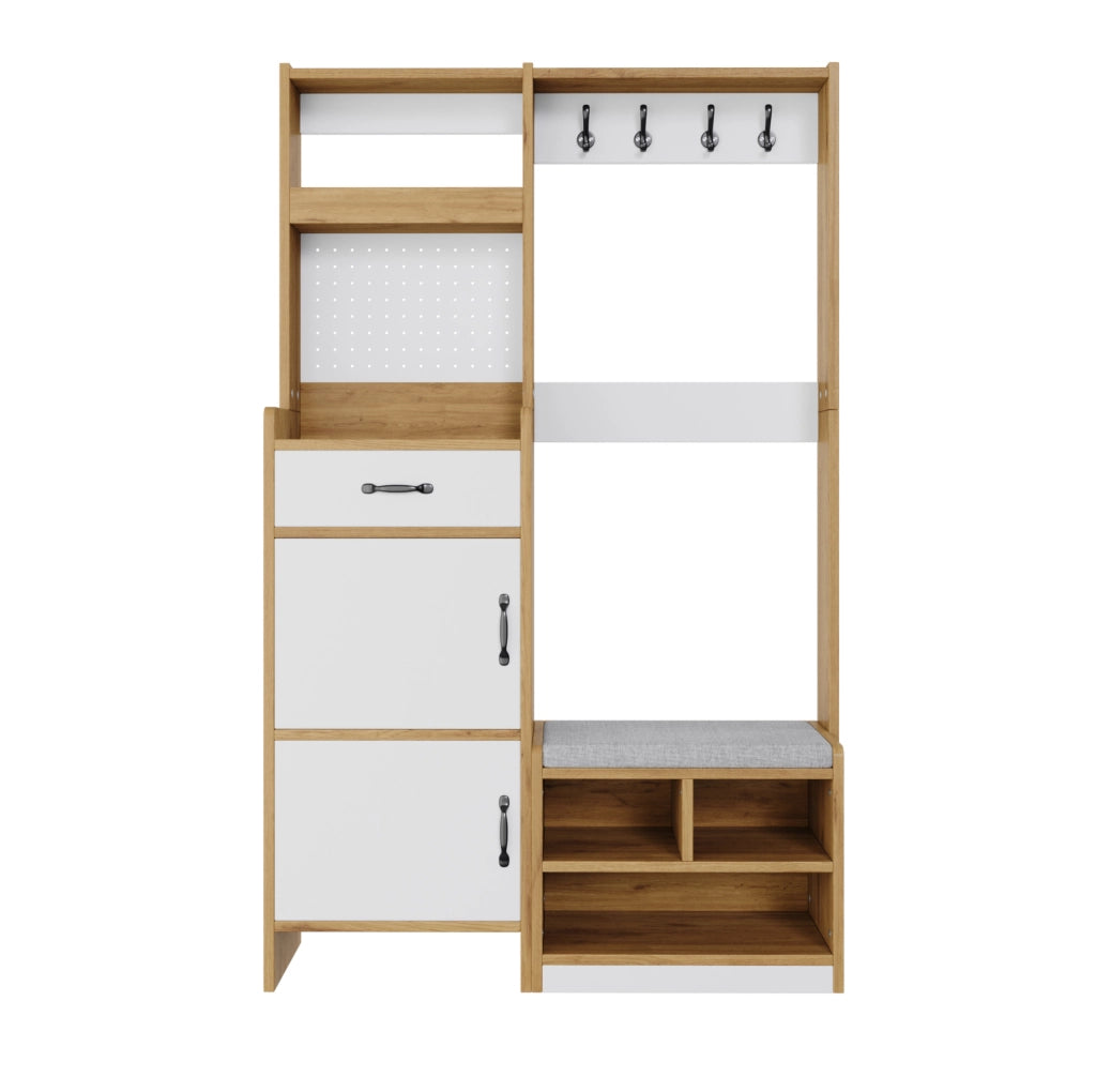 Guardaroba moderno per ingresso con scarpiera, panca imbottita, appendiabiti, cassetto, anta, vano a ribalta e ripiani aperti, rovere/bianco, 108,5 x 35 x 180 cm