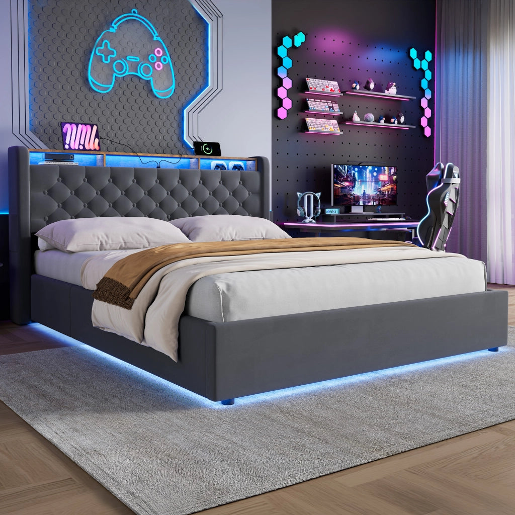 Letto contenitore matrimoniale 160x200cm;LED;vano contenitore;presa elettrica;testiera reclinabile;base imbottita;grigio scuro;materasso escluso