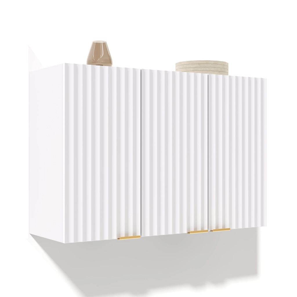 Armadietto pensile chiuso con 3 ante ondulate e maniglie dorate per cucina e bagno in MDF bianco, 90 × 29 × 60 cm