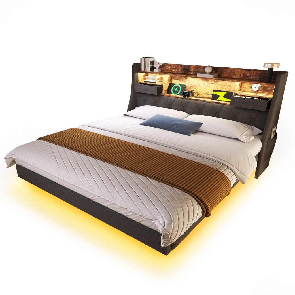 Letto Matrimoniale 140x200 cm Imbottito Grigio con LED; Prese USB e Type-C; Testiera Contenitore in Lino