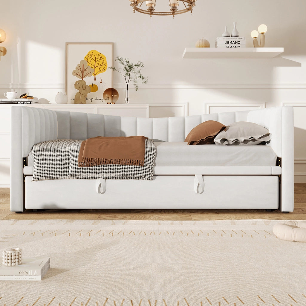 Divano letto 90x200 cm con letto estraibile regolabile in velluto bianco e MDF