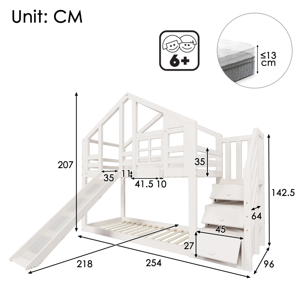 Letto a castello 90x200 cm bianco con profilo a casetta; scivolo; 2 reti