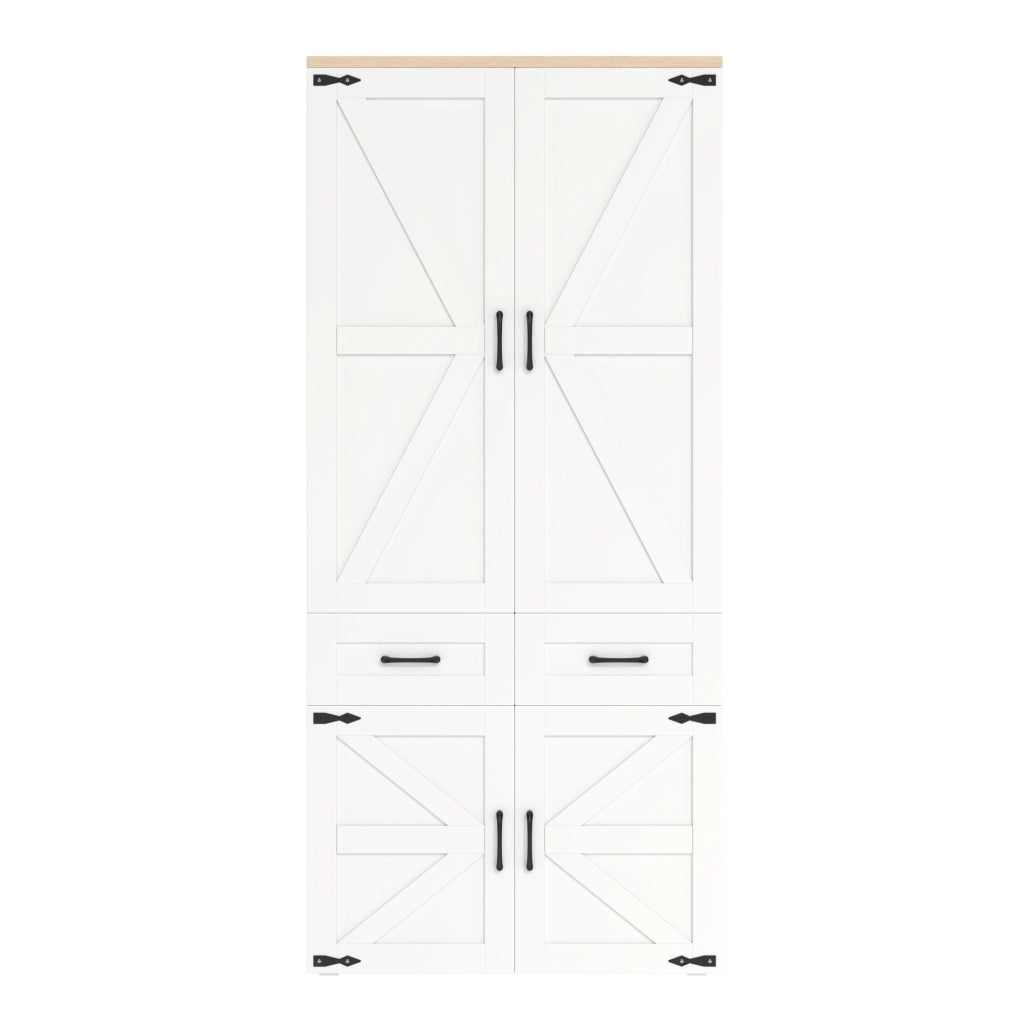 Armadio con 4 ante, 2 bastoni appenderia e 5 cassetti, 90x50x200 cm, stile country bianco