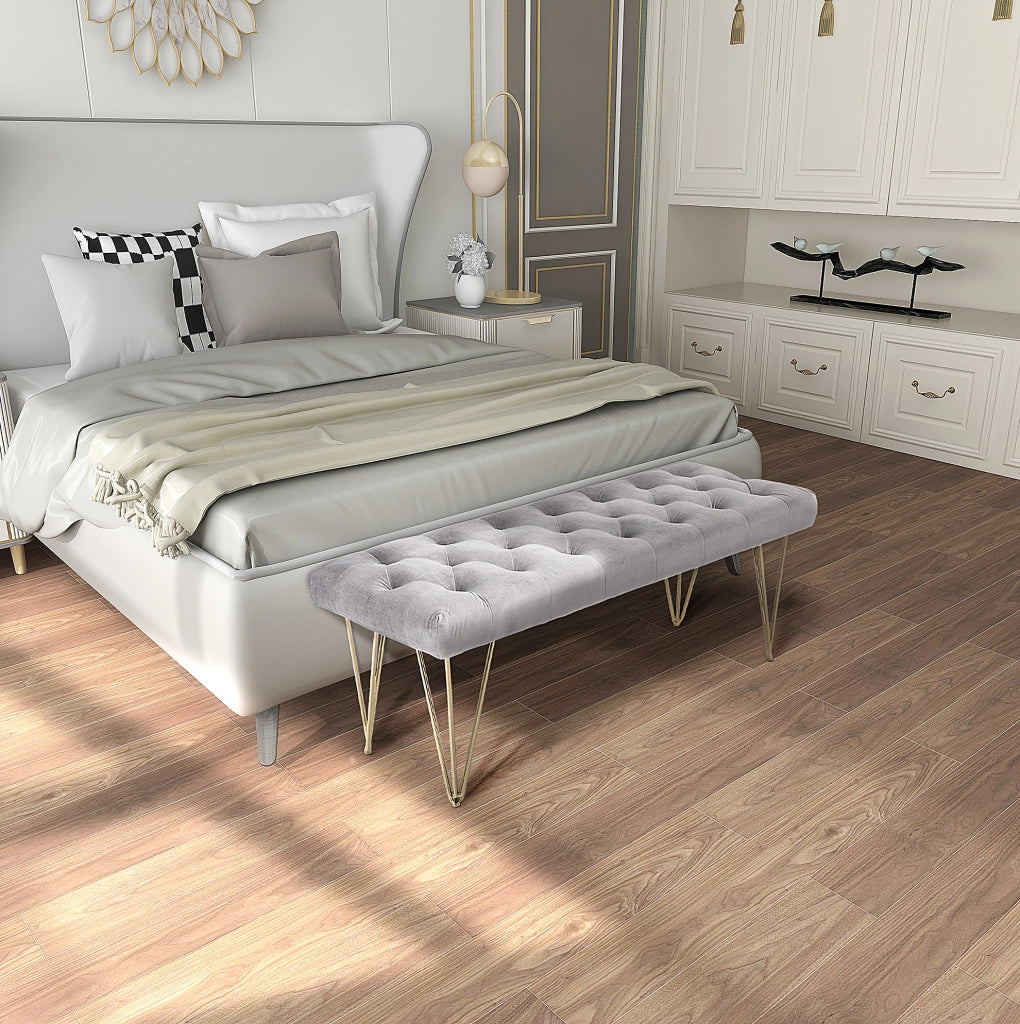Panca da ingresso in velluto grigio 116x44,5x49 cm