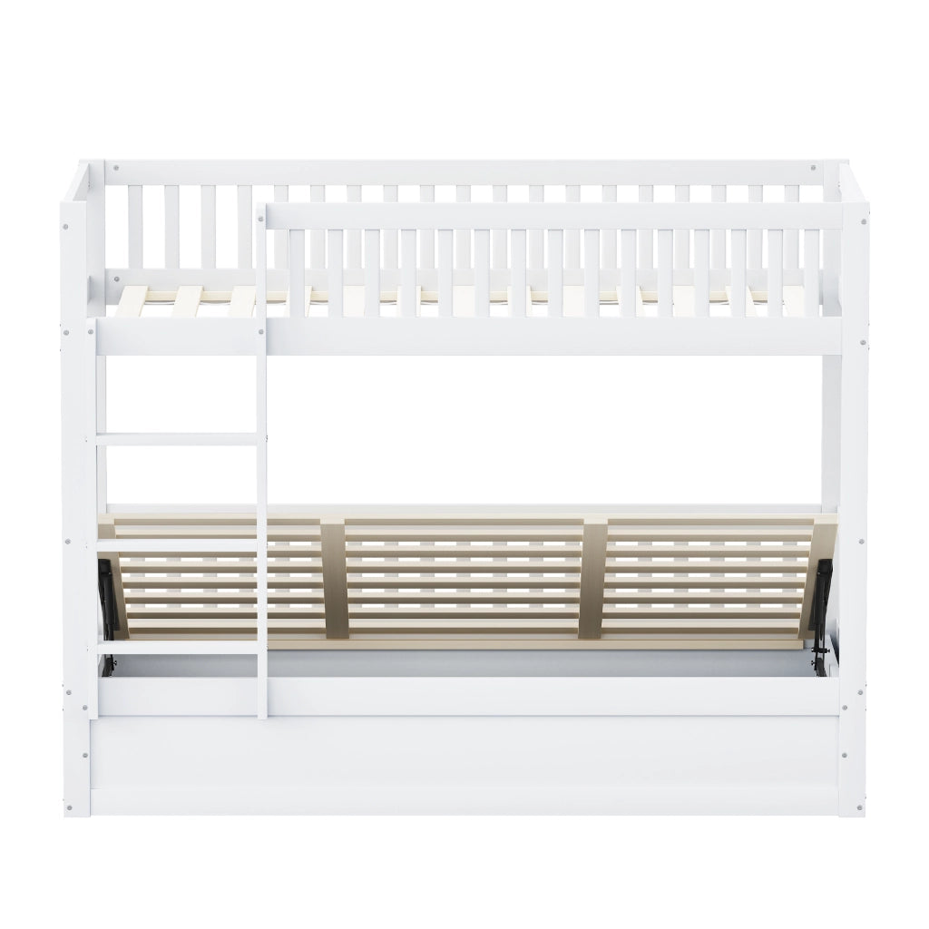 Letto a castello 90×200 cm con vano contenitore idraulico, senza materasso, in legno bianco