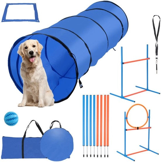 Set di Agilità per Cani – Kit Completo con Tasca di Ripostiglio – Tunnello per Cani – Giocattolo per Cani – Ostacoli di Slalom – Trampolino – Set Completo di Giocattoli per Cani