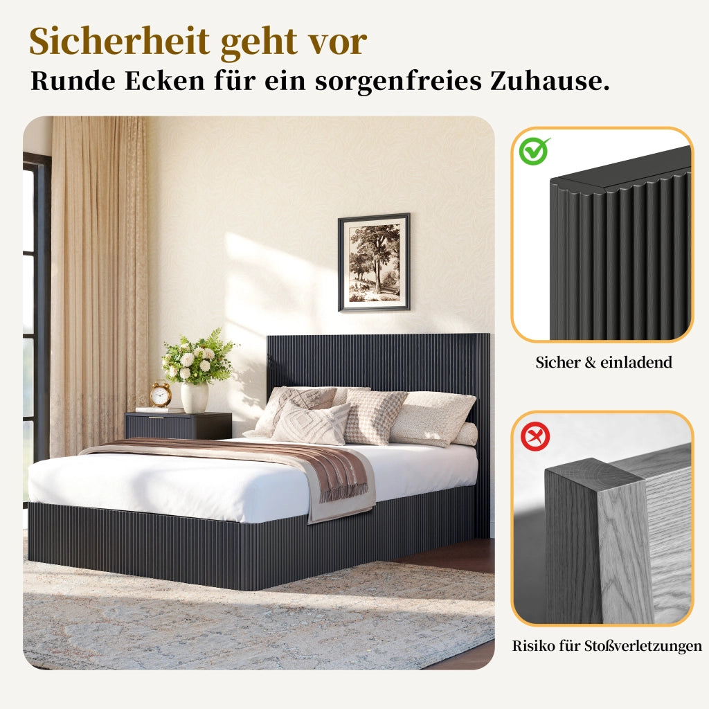Letto con contenitore 140 × 200 cm con sollevamento idraulico struttura in acciaio doghe in legno nero