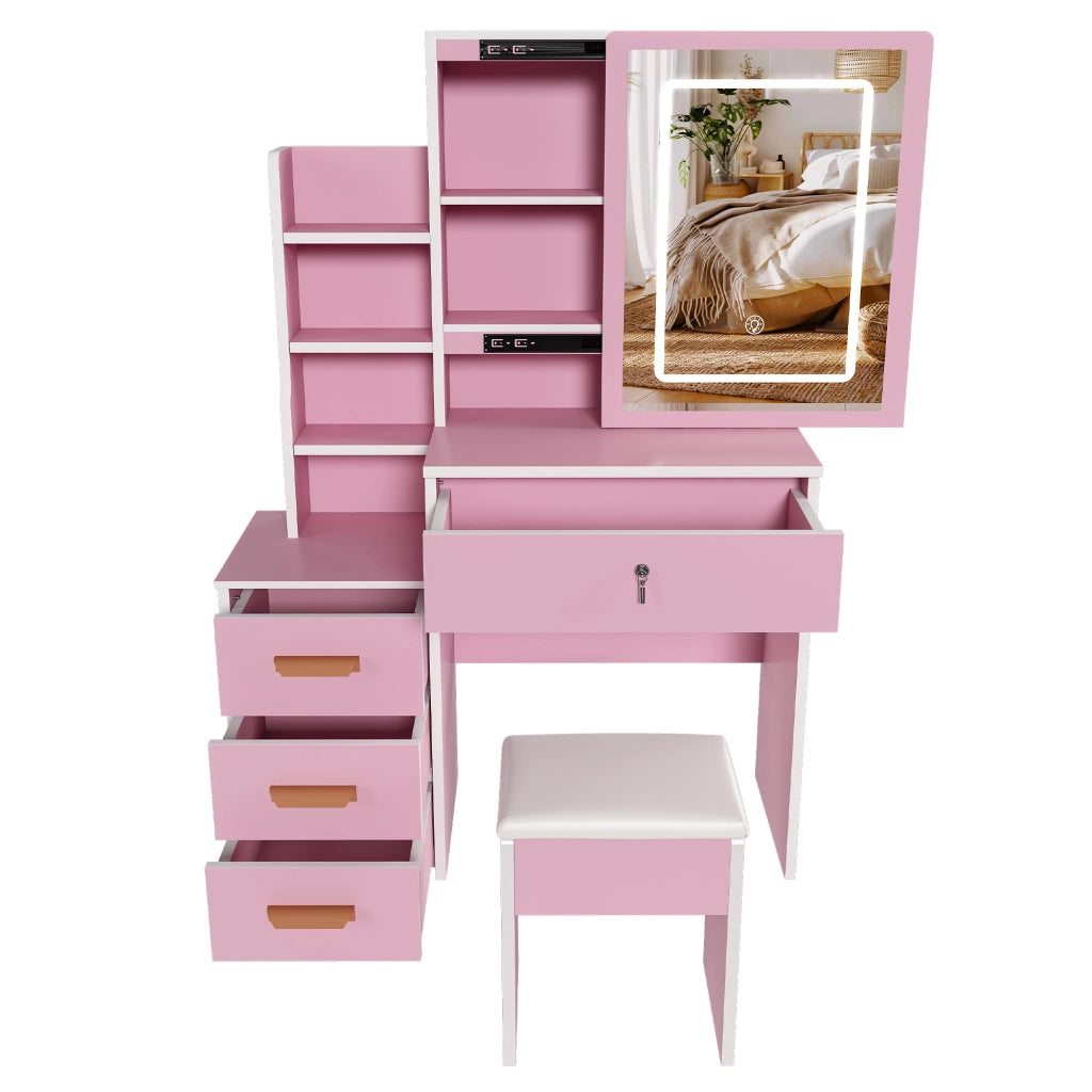 TOLETTA con Specchio LED e Sedia MDF Rosa