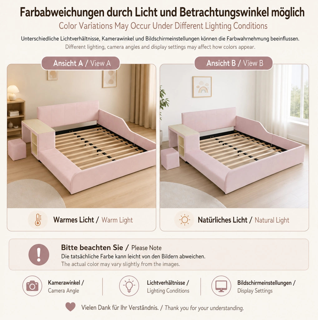 Letto imbottito rosa 140x200 con scrivania e sgabello