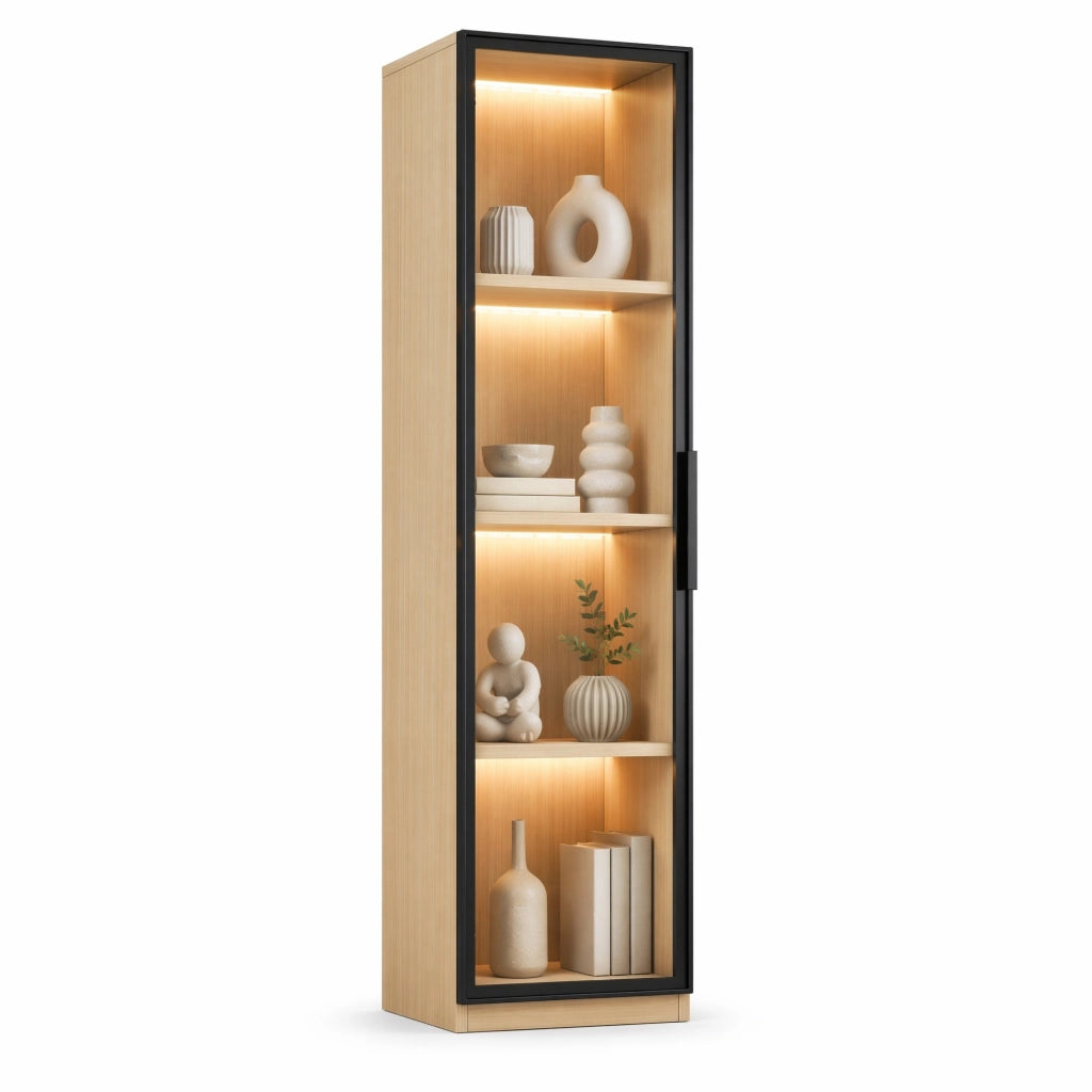 Vetrina stretta 40x40x165 cm in MDF effetto rovere con anta in vetro e LED