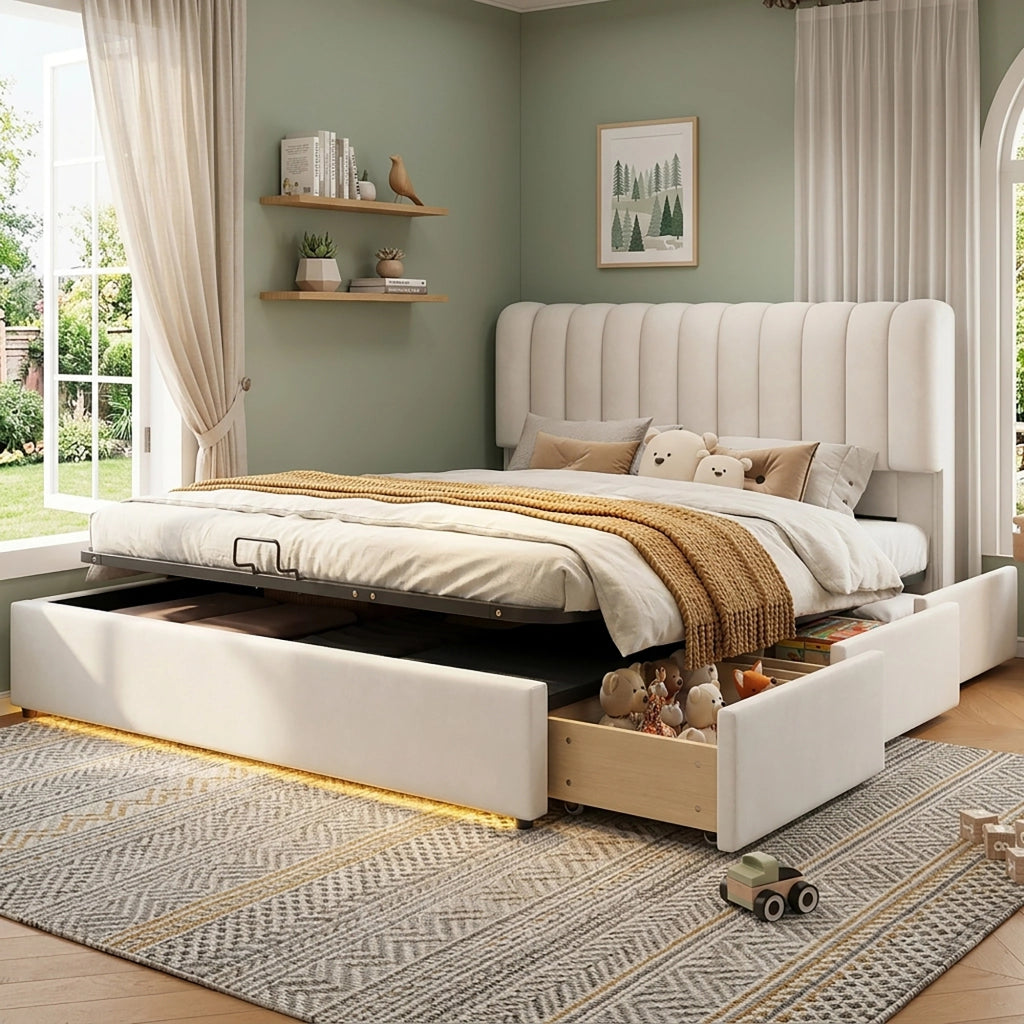 Letto per bambini imbottito 140 × 200 cm con vano contenitore idraulico 3 cassetti velluto beige LED