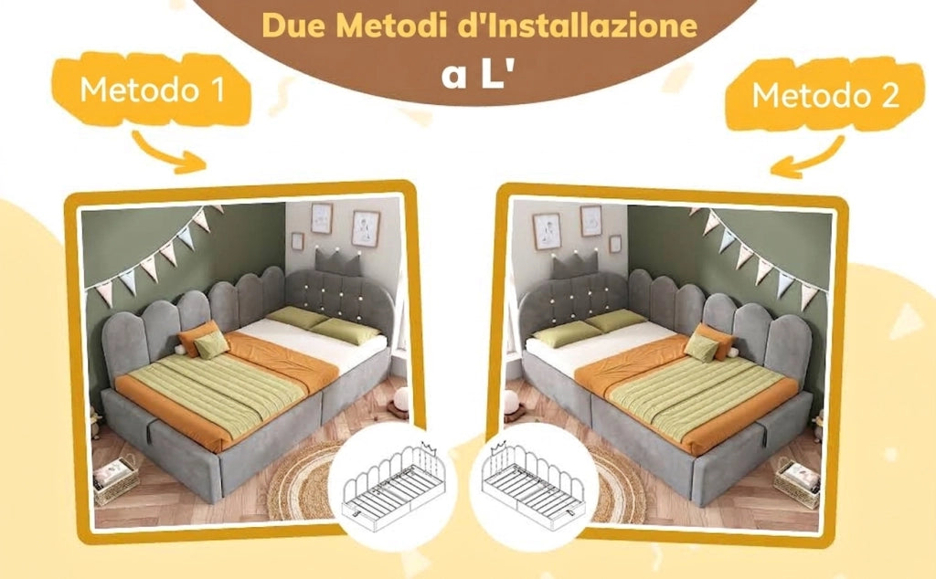 Divano Letto 90x200 con Contenitore; Letto Singolo in Velluto Grigio; Design a Corona a Forma di L