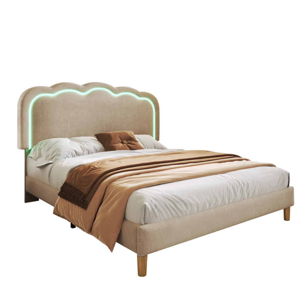 Letto imbottito LED beige 140 x 200 cm con testiera regolabile
