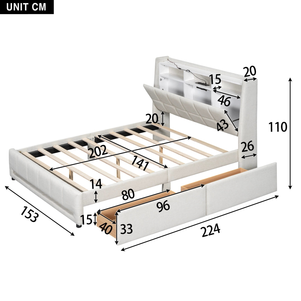 Letto Imbottito 140x200 cm in lino con Cassetti; LED; USB-C Beige