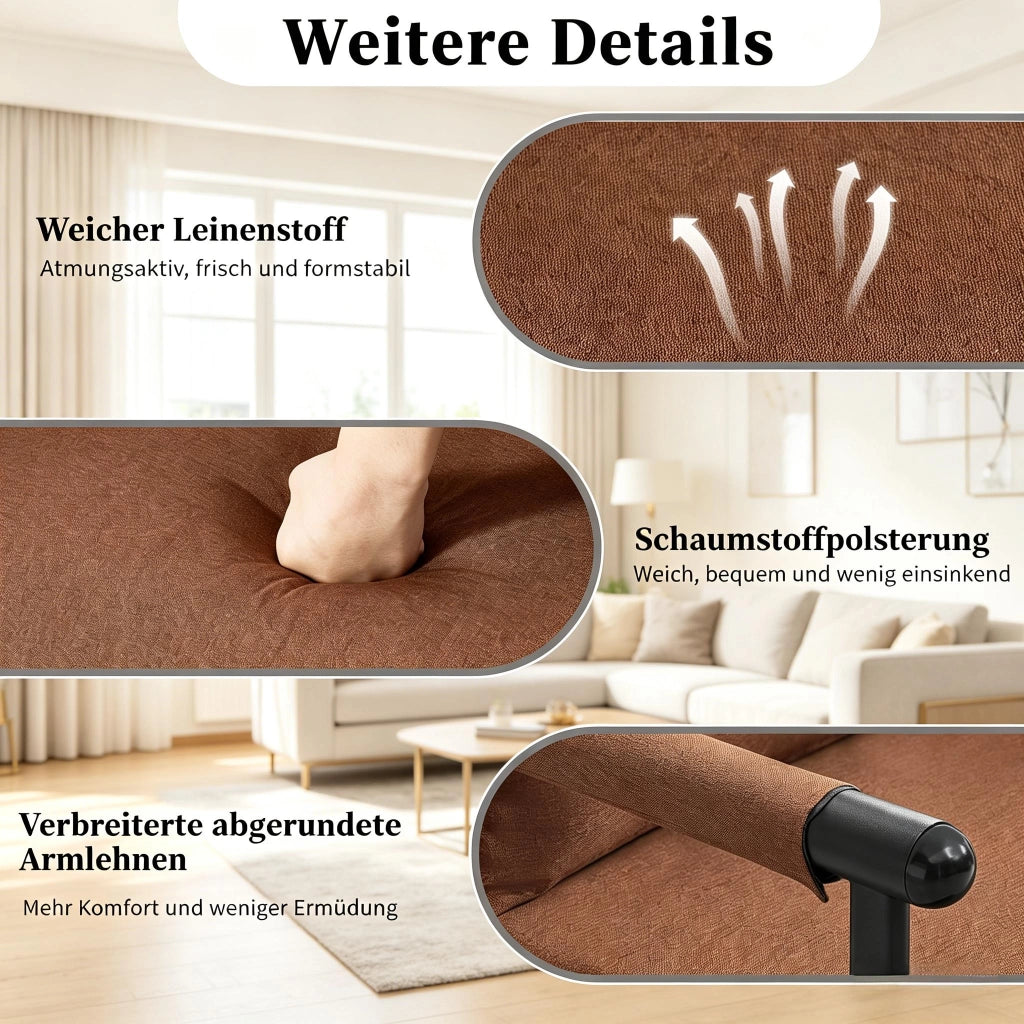 Poltrona letto 3 in 1 con schienale regolabile a 5 posizioni rivestita in lino marrone 184 × 26 × 65 cm