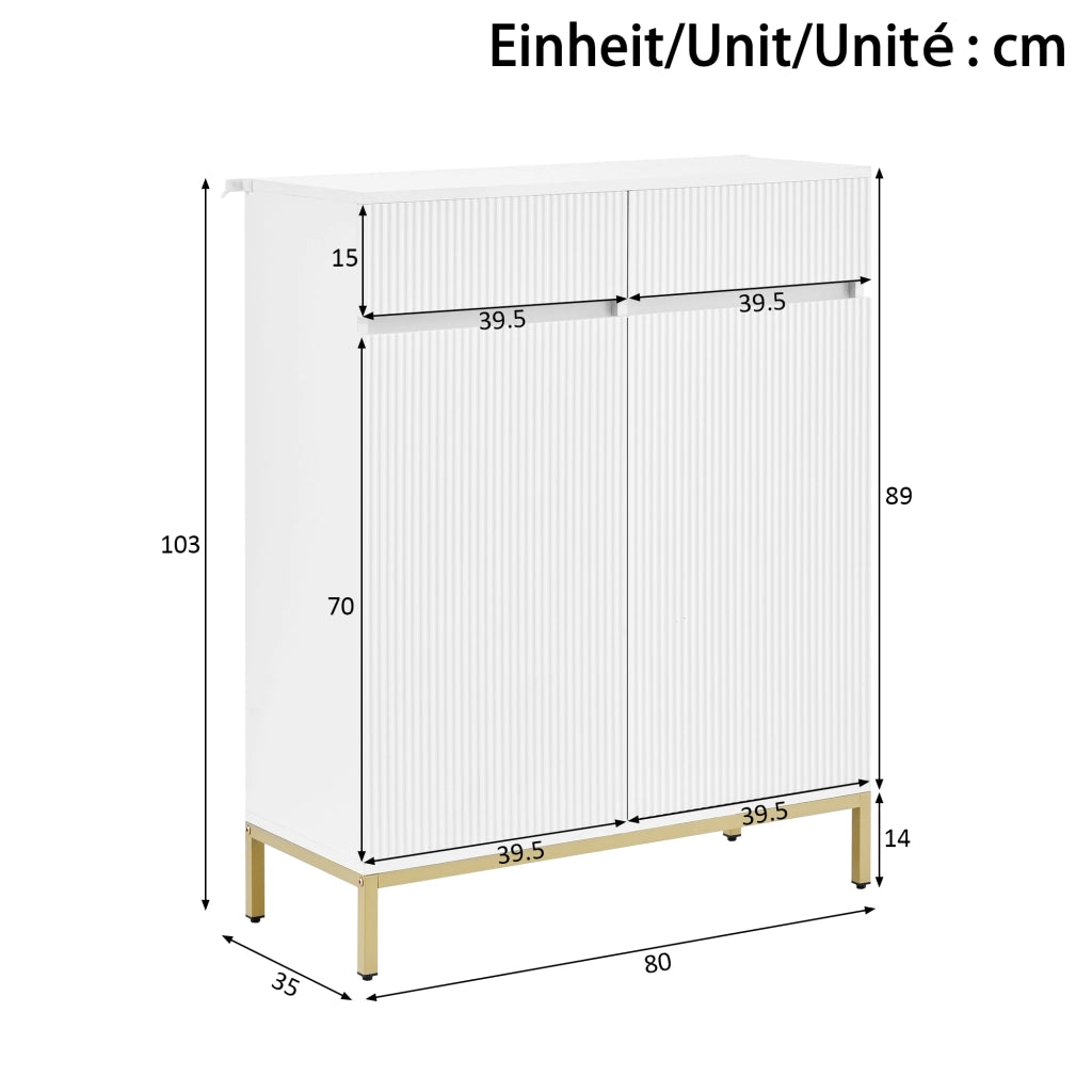 Scarpiera LED con 2 cassetti, 2 ante e ripiani regolabili per ingresso, bianca con gambe dorate, 80 × 35 × 103 cm