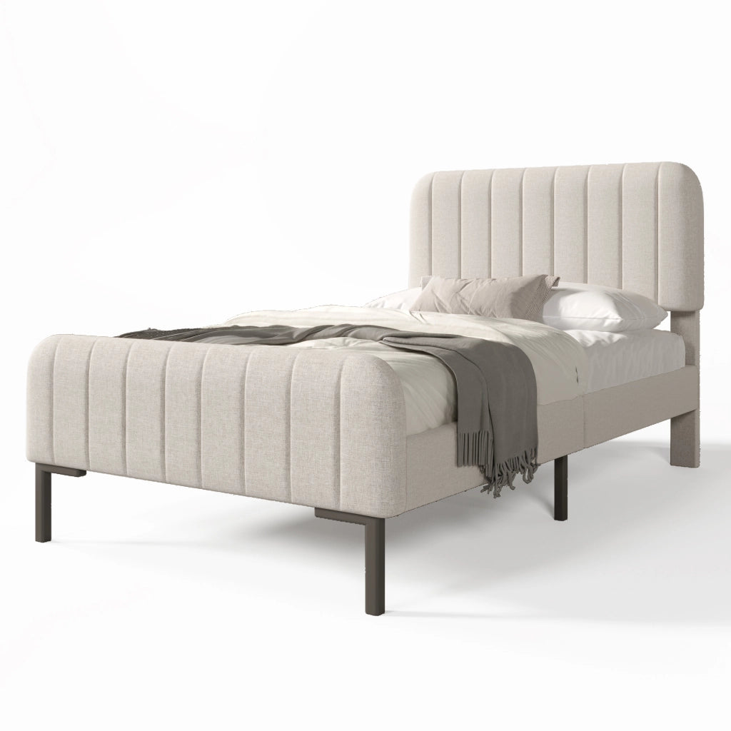 Letto imbottito 90 x 190 cm; letto singolo con rete a doghe; testiera regolabile; struttura in legno; rivestimento in lino; grigio-beige chiaro
