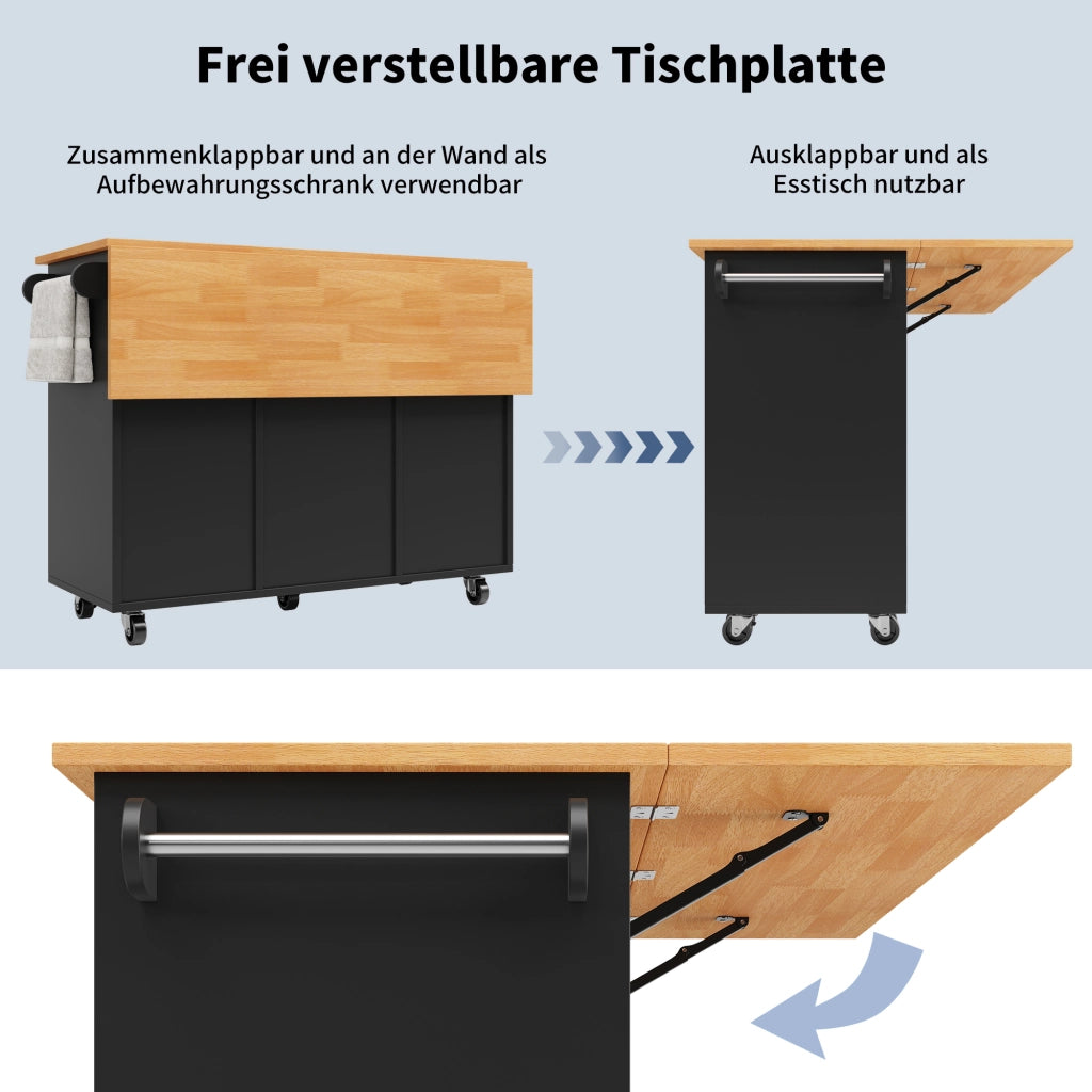 Carrello da cucina con piano ribaltabile 8 cassetti e ruote bloccabili in MDF nero 122 × 46 × 91.5 cm