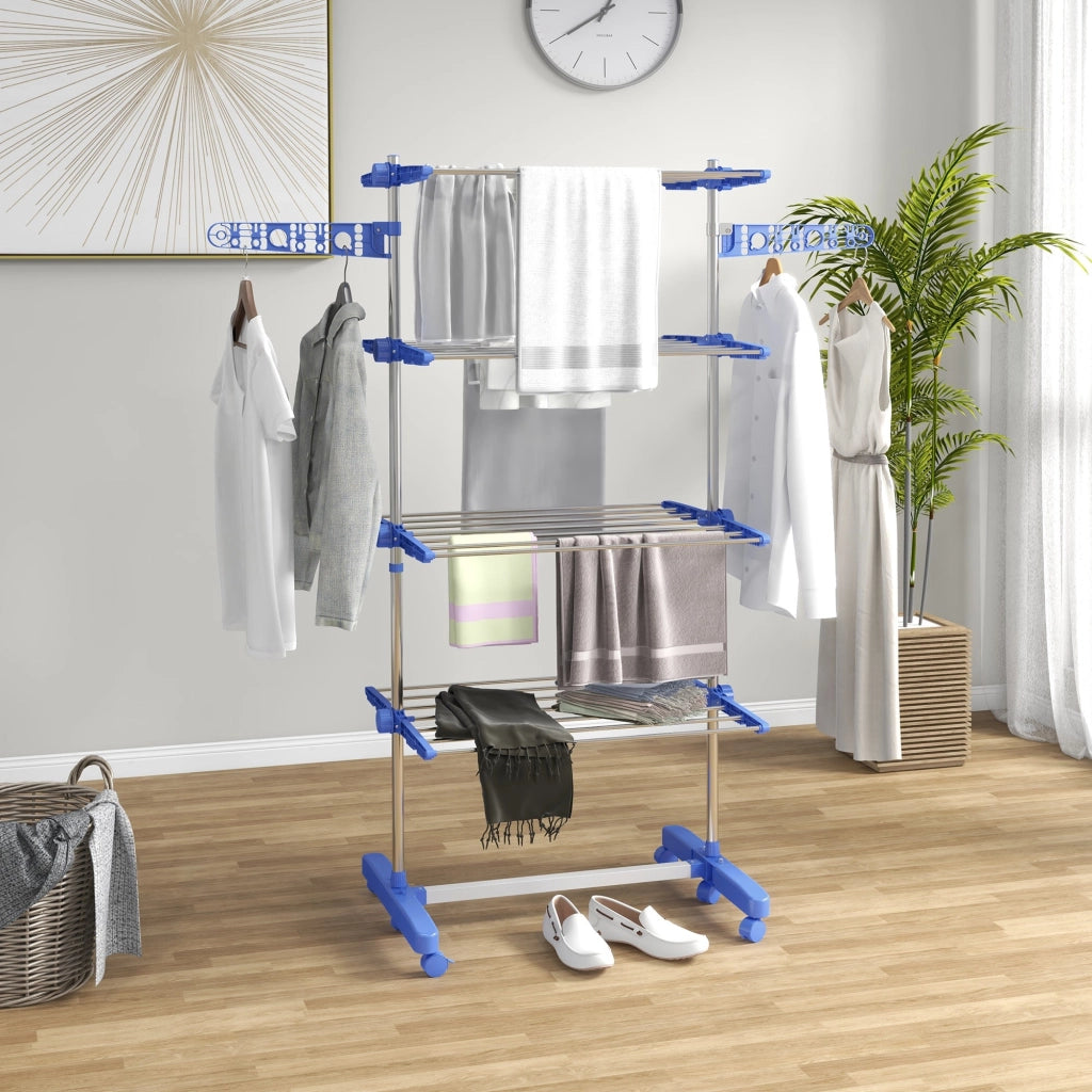 Stendino Verticale con 4 Ripiani Regolabili 142x55x172 cm in Acciaio e Plastica Blu e Argento