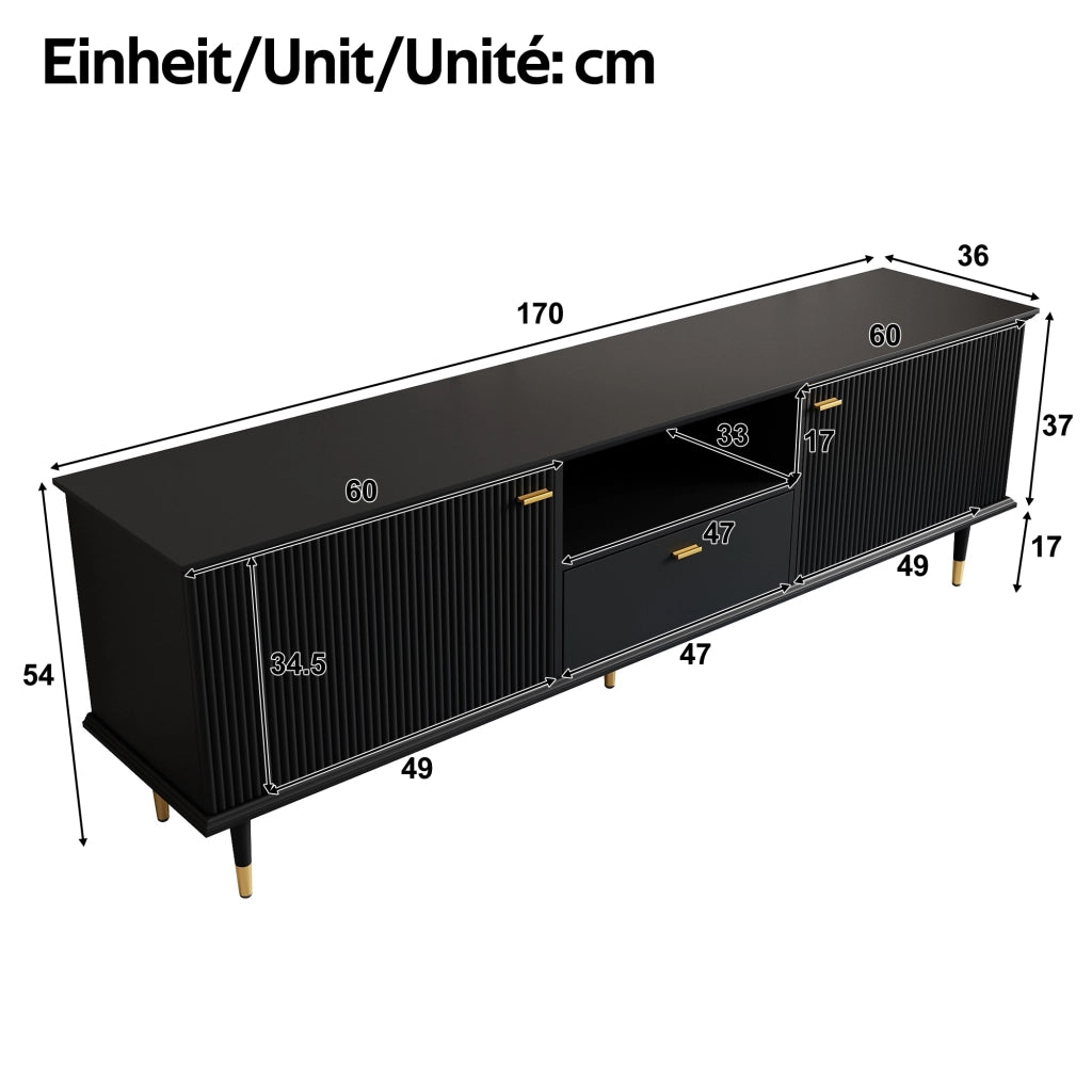 Cassettiera TV nera in MDF; lunghezza 170 cm