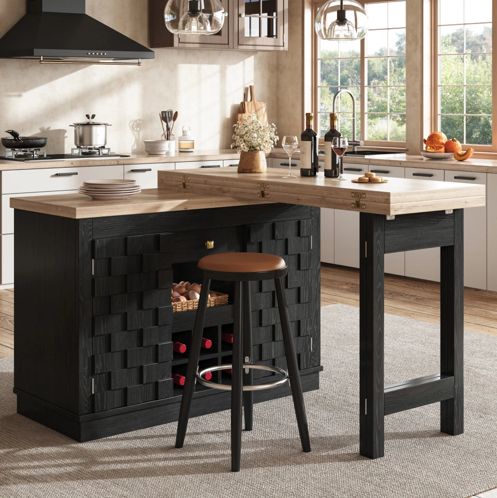 Isola cucina e mobile laterale girevole 360° 120-197cm con ante patchwork, ripiano portabottiglie estraibile e cassetti, rovere chiaro/nero