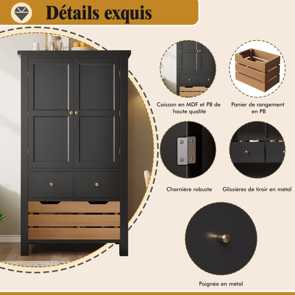 Credenza da cucina con 2 ante 5 cassetti e ripiani fissi in MDF e PB nera 80 × 40 × 140 cm