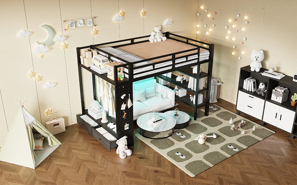 Letto a soppalco in metallo 140x200 nero con armadio aperto, ripiani, pannello forato e illuminazione LED