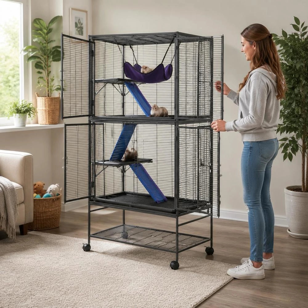 64.6" Rolling Metal Ferret Cage, Large 4-story Critter Nation Cage, Small Animal Cage With Ramps And Tray, Easy To Assemble For Pet Rats, Hamsters, Guinea Pigs, Chinchillas, Squirrels, Hedgehogs, Rabbits