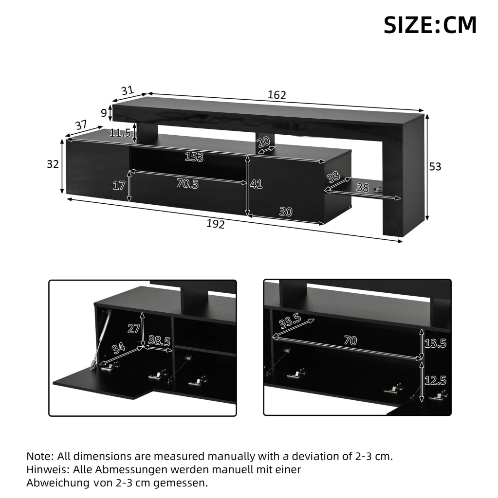Mobile TV con LED 192x37x53 cm; 3 ante a ribalta e ripiani in truciolare nero