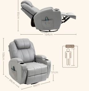 Poltrona Relax con Massaggio a 8 Punti Vibranti, 5 Modalità, Funzione Letto, Rivestimento in Pelle Sintetica Grigio Chiaro, Portata 150 kg