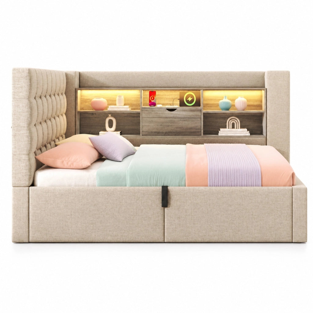 Letto imbottito 140x200 cm beige con LED, prese USB, contenitore idraulico e testiera reversibile