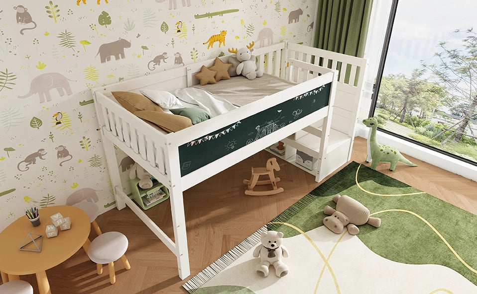Letto a castello per bambini 90x200 cm in legno bianco con lavagna e protezione anticaduta, senza materasso