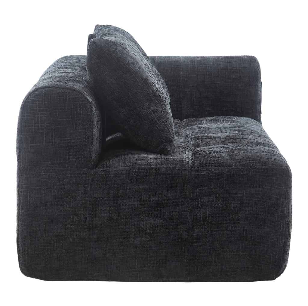 Divano comodo per 2 persone con chaise longue, tessuto chenille nero, cuscino incluso e tasche laterali per telecomando e cellulare