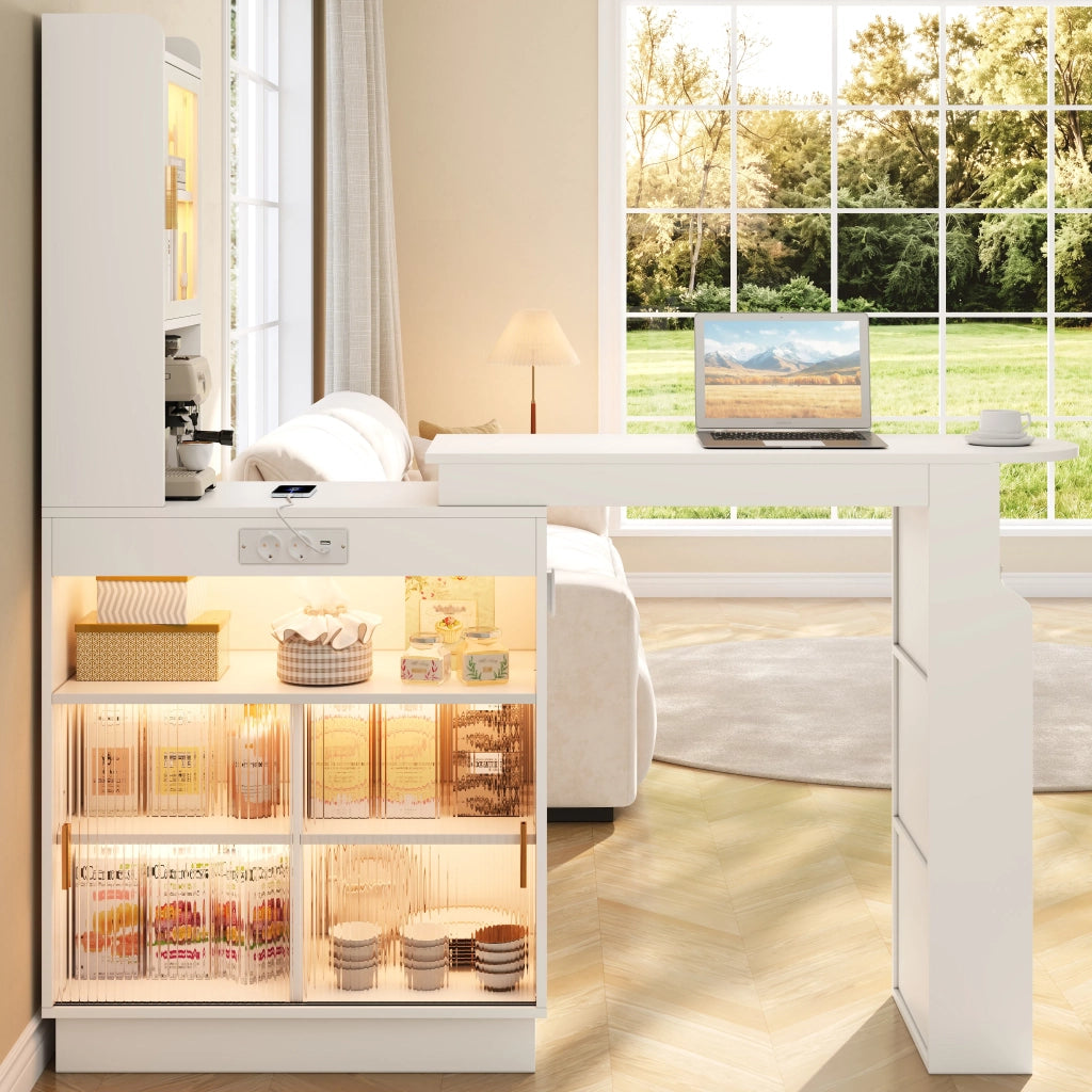 Bar allungabile e tavolo alto con contenitore, credenza e mobile da cucina con ante in vetro, illuminazione LED controllata via app, presa, USB e USB-C, bianco, 131–170 × 40 × 170 cm