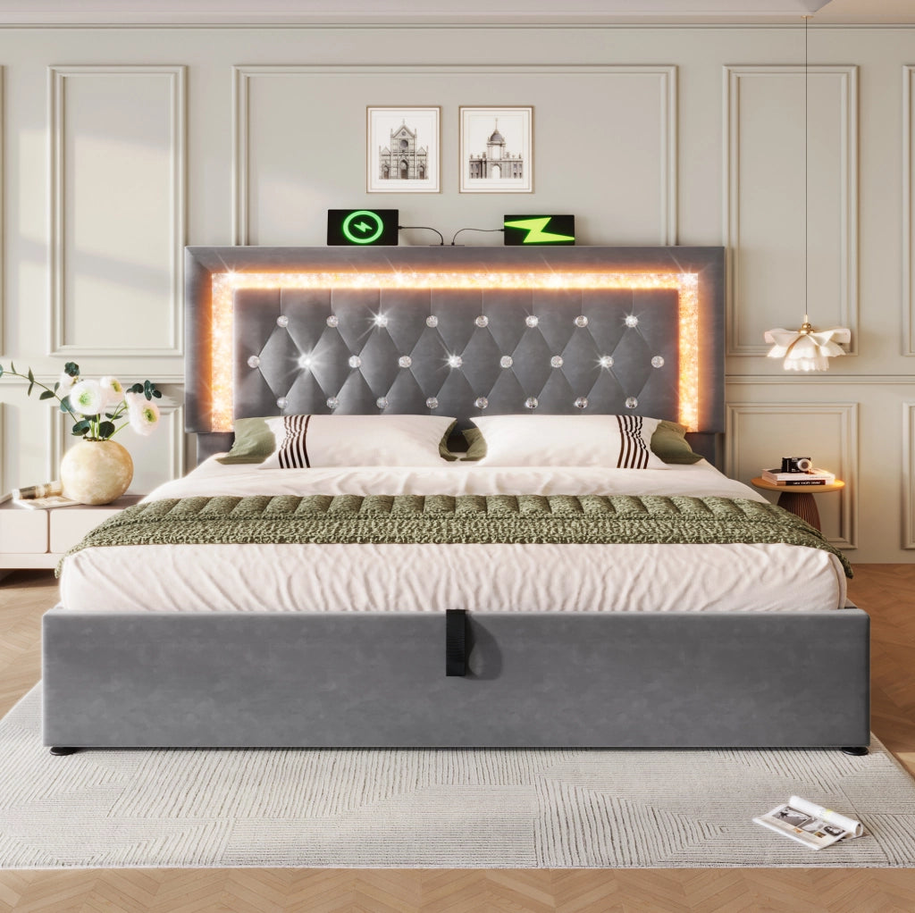 Letto matrimoniale imbottito con contenitore; LED; USB e Type-C; 140x200 cm; grigio