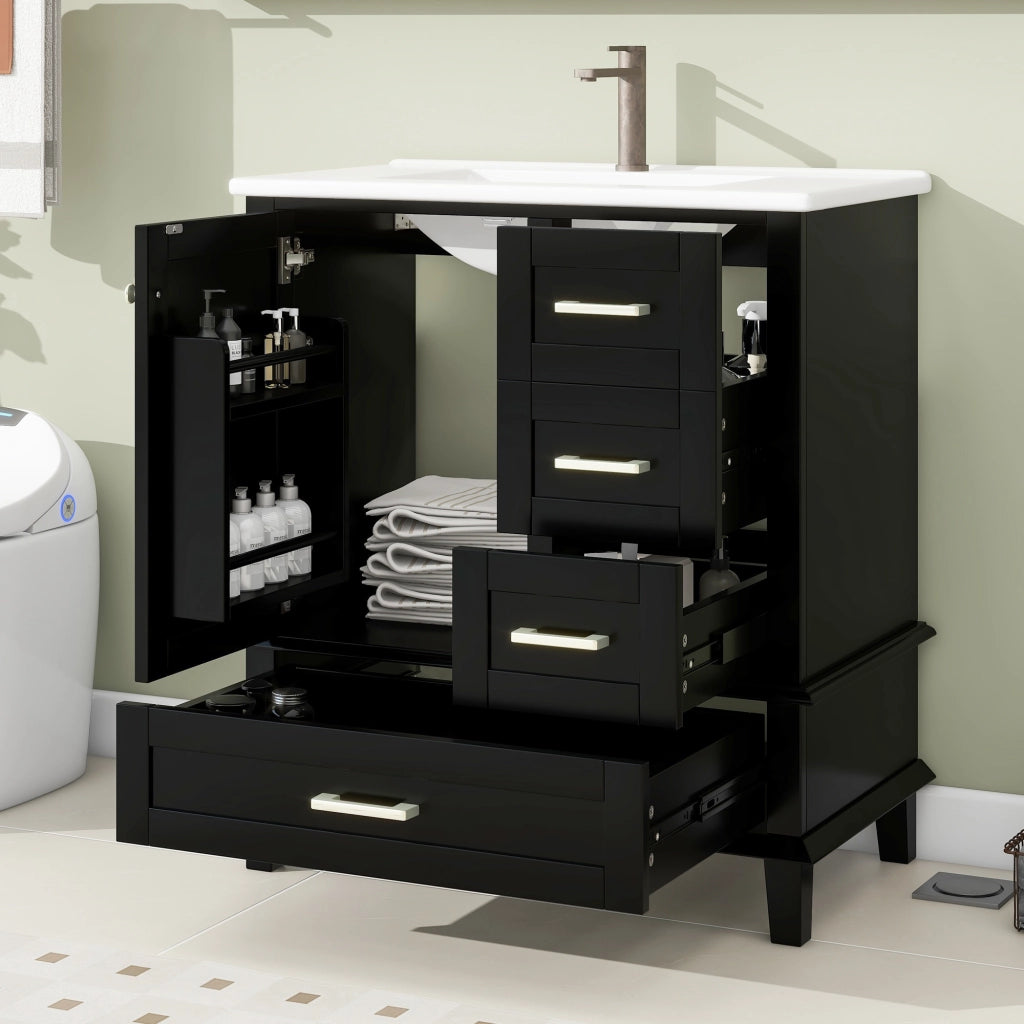 Mobile bagno 76x45;5x83;5 cm con lavabo in ceramica; 3 cassetti silenziosi e ripiano; MDF nero