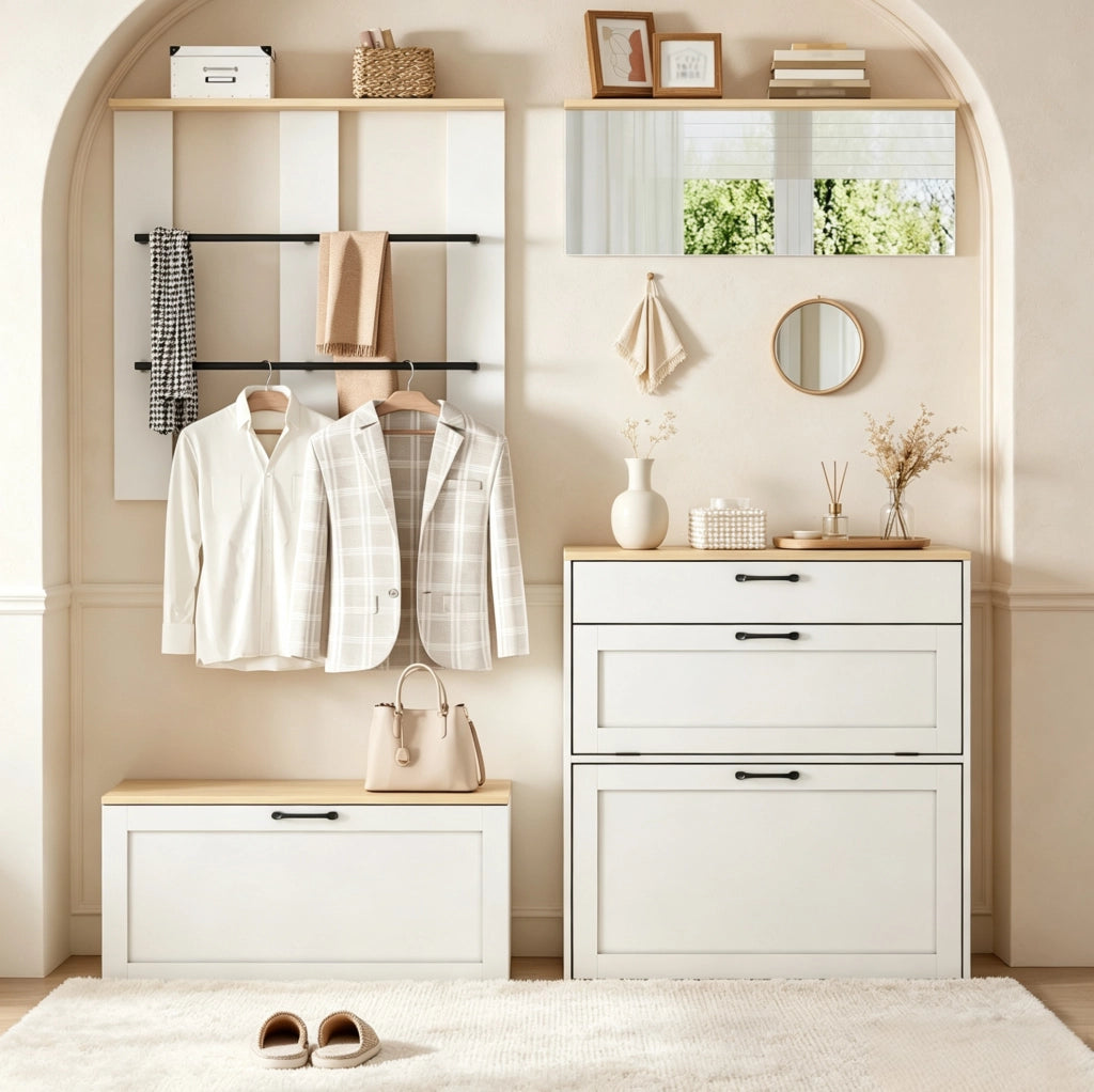 Set guardaroba modulare con specchio e panca porta scarpe bianco e legno 156x36x176 cm