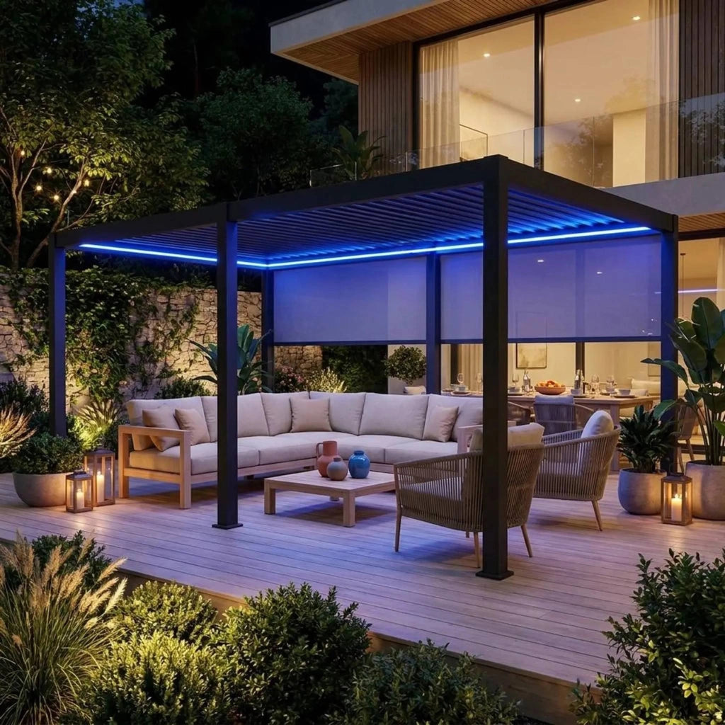 Pergola bioclimatica 3x6m elettrica in alluminio con led + 2 tende 3m,
