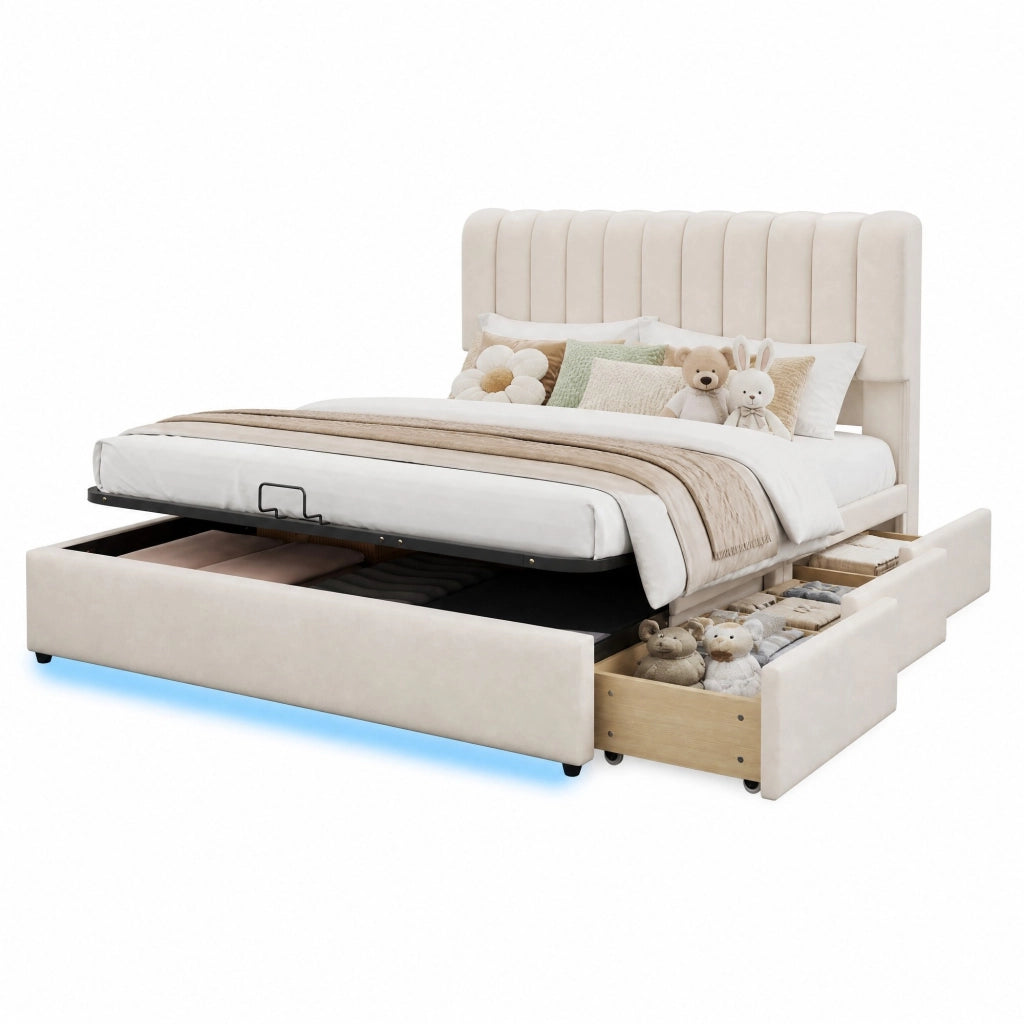 Letto contenitore imbottito 140x200 cm con 3 cassetti e LED; velluto beige