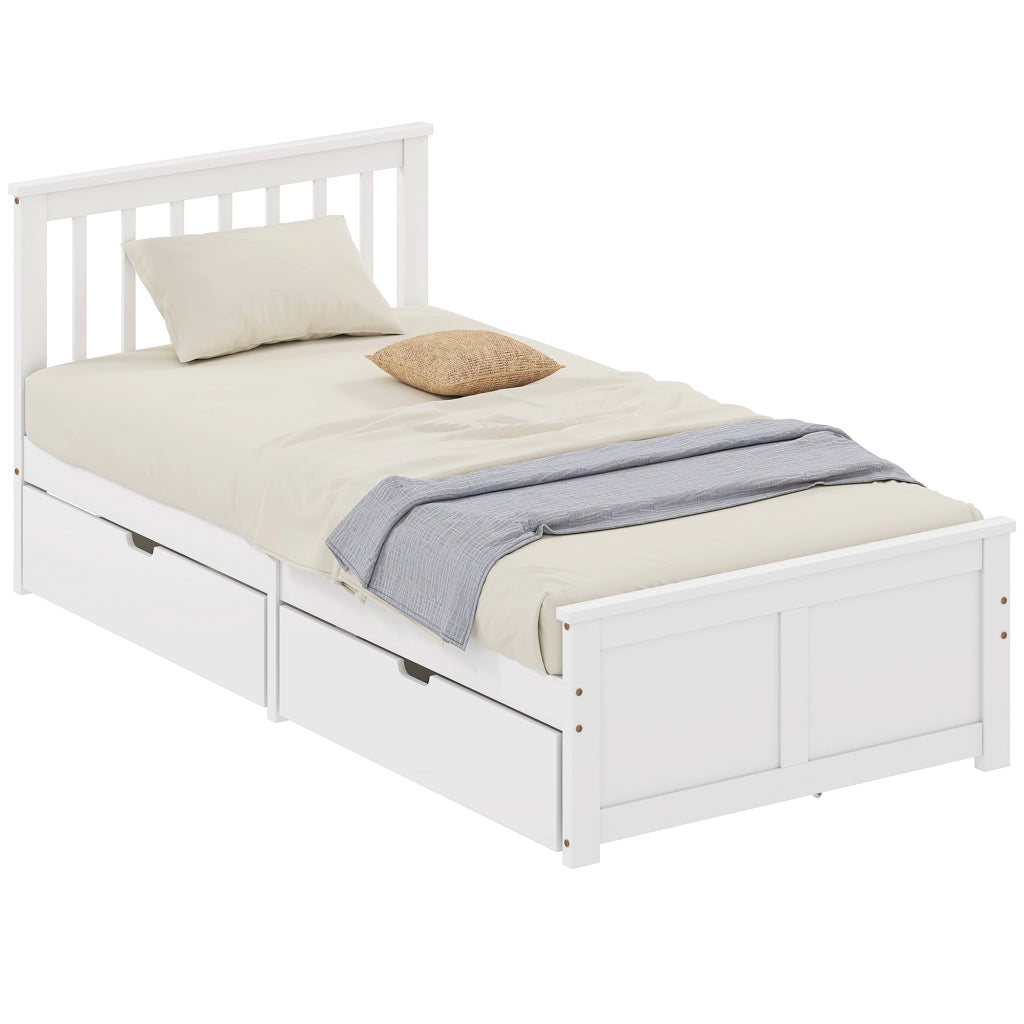 Letto Singolo 90 x 200 cm in Legno Bianco con 2 Cassetti su Ruote, Giroletto Robusto e Salvaspazio per Camera da Letto