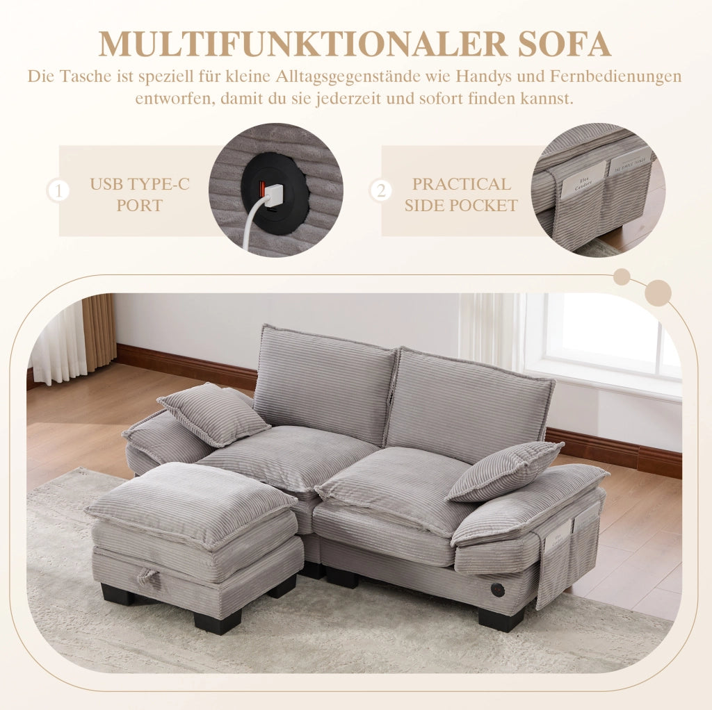 Divano modulare 2 posti con pouf in velluto a coste grigio chiaro