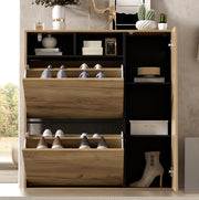 Scarpiera sottile con 2 ribalte e 1 anta, ripiani regolabili, design salvaspazio in legno e nero, 90x24x94 cm