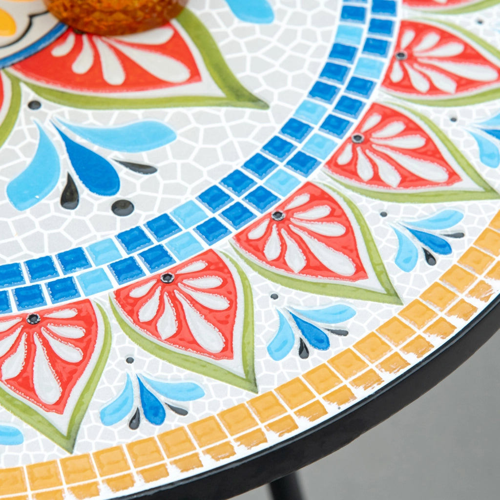 Tavolo da giardino rotondo in metallo con mosaico ceramica Ø60 cm tavolino da balcone e terrazzo resistente per esterno rosso blu e bianco